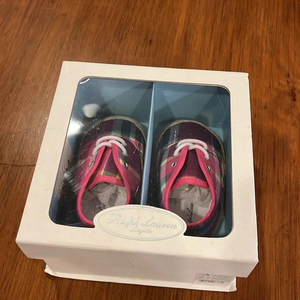 Polo Ralph Lauren Pink Plaid Bowman Lace Crib Shoes Sneakers Girls Baby Size 2